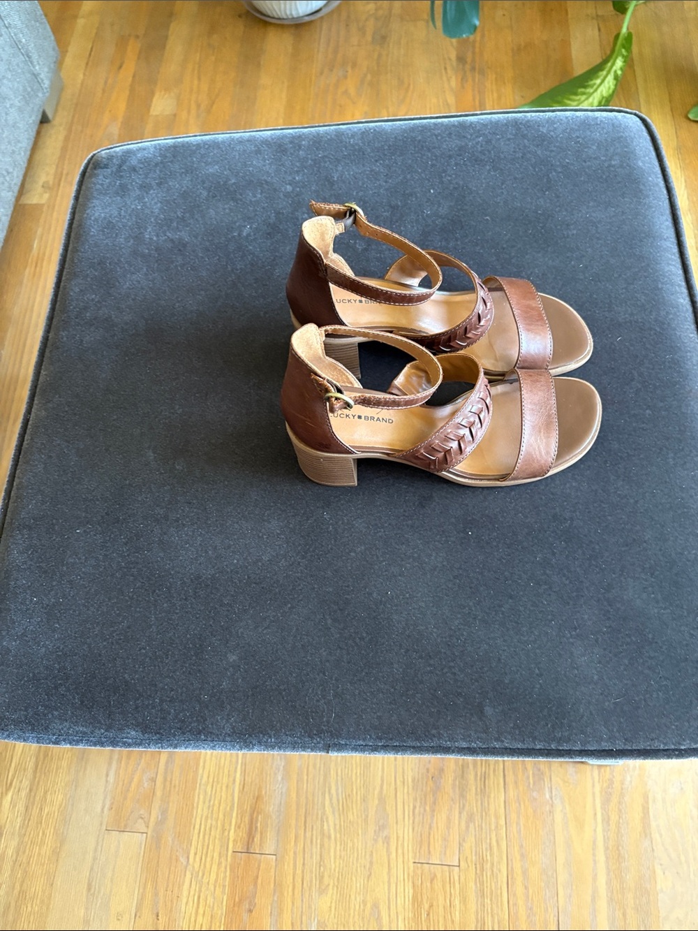 Lucky Brand Cognac Braided Leather Block Heel Sandals - Picture 6 of 9